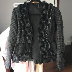 Black And Grey Wool/Fur Ruffled Jacket For Spring/Fall. Never Worn. Size S. Fall Evening Blazer With Ruffles, Evening Blazer With Ruffles For Fall, Evening Ruffled Blazer For Fall, Gray Long Sleeve Outerwear For Party, Chic Evening Outerwear With Ruffles, Gray Long Sleeve Party Outerwear, Black Ruffled Outerwear For Fall, Chic Winter Blazer With Ruffles, Chic Ruffled Cardigan For Winter