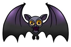 a cartoon bat with big yellow eyes and large fangs on it's wings, hanging upside down