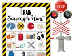 a train scavenger game with stop lights and traffic signs