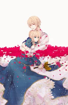 two anime characters sitting on top of each other in front of red and white paint