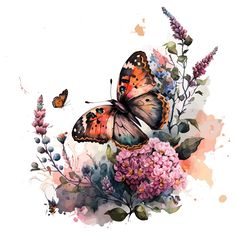 watercolor painting with flowers and butterflies