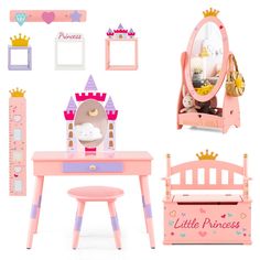 a little princess dressing table with mirror, stool and other accessories on it's side