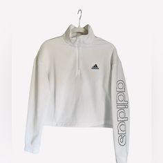 Nwt Excellent Condition. Length (Shoulder To Bottom): 20.5” Chest (Pit To Pit): 20” Sleeve Length: 22” Women’s Medium But Could Also Fit An Older Child/Teen. Adidas Sweatshirt, Sweatshirt White, Adidas White, Adidas Tops, White Adidas, White Sweatshirt, Adidas Women, White Black, White And Black