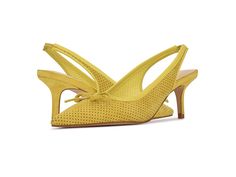 Nine West Aperf - Women's Shoes : Yellow : A fun and modern update to the every day look, the Nine West(t) Aperf Slingback Pumps come with a bow on top of the toe. Faux suede upper with micro-perforated detailing. Slingback closure with pointy toe. Kitten stiletto heel. Signature logo on the insole. Slip-on style. Man-made lining and footbed. Man-made outsole. Imported. Weight of footwear is based on a single item, not a pair. Shoes Yellow, Yellow Heels, Aesthetic Shoes, Slingback Pump, Signature Logo, Stiletto Heel, Vintage Leather, Nine West, Faux Suede