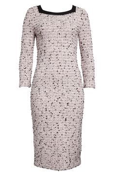 The fashion house's timeless elegance shines through the richly textured tweed of a square-neck sheath dress lightly kissed with soft wool fibers. Hidden back-zip closure Square neck Three-quarter sleeves 55% viscose, 13% cotton, 12% polyester, 8% acrylic, 8% wool, 2% nylon, 2% polyurethane Dry clean Imported Designer Clothing Elegant Pink Knee-length Tweed Dress, Pink Elegant Tweed Party Dress, Elegant Pink Tweed Party Dress, Elegant Pink Tweed Dress, Elegant Pink Tweed Dress For Formal Occasions, Elegant Pink Tweed Formal Dress, Black Sheath Dress, Soft Wool, Nordstrom Dresses