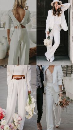 four different pictures of women in white outfits