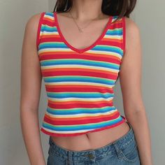 soft knit blend--mildly worn in Size M Bust: 30"-35"Length: 18" Y2k Black, Lace Slip, Pink Lace, Rainbow Stripes, Knit Tanks, Striped Knit, Black Fits, Soft Knits, Baby Pink