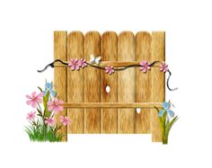 a wooden fence with flowers on it and grass around the fence, as well as butterflies