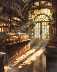 the sun shines through an open window into a bakery