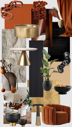 an assortment of furniture and decor items with oranges, golds, browns and black