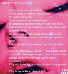 a pink poster with the words perfect teeth and smile on it's face, in front of an image of a woman's eyes