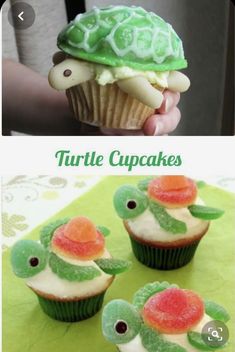 turtle cupcakes with white frosting and green icing on top are shown