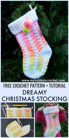 crochet christmas stocking is hanging from a tree with the words, free croche