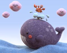 a stuffed animal is sitting on top of a ball with other balls in the air