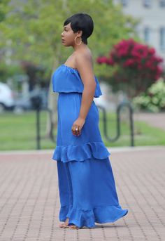 Flounce Strapless Maxi Dress | Chloerae – ChloeRae Blue Strapless Maxi Dress With Ruffles, Blue Ruffled Strapless Dress For Vacation, Blue Strapless Ruffled Dress For Vacation, Blue Strapless Ruffle Dress For Vacation, Blue Strapless Dress With Ruffles For Vacation, Blue Bandeau Strapless Dress For Beach, Blue Strapless Maxi Dress For Date Night, Blue Strapless Jumpsuit For Summer, Blue Strapless Jumpsuit For Party