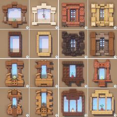 the different types of windows are shown in this image, and each window is made out of wood