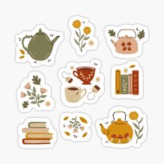 stickers with teapots, books and flowers