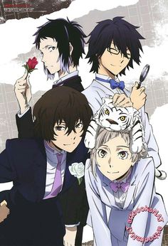 an anime poster with three people and a cat on their shoulders, one holding a flower