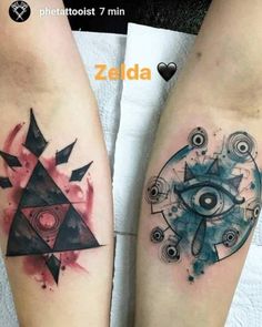 two tattoos on both legs with an all seeing eye and triangle in the middle one