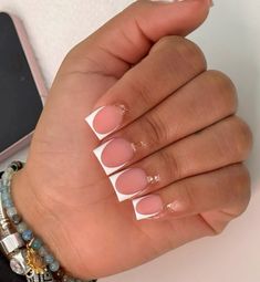 Frenchies Short Nails, Short Short French Tip Acrylic Nails, Short Matte French Tip Nails, French Shorties Nails, Cute Square Shaped Nails, Decorated French Tip Nails, Shortie French Tip Nails, Deep French Short Nails, French Tip Duck Nails Short