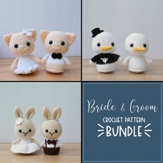 crochet patterns for bride and groom dolls including bunny, duck, rabbit in tuxedo