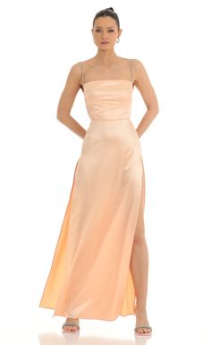 Aviana Rhinestone Maxi Dress in Peach | LUCY IN THE SKY Wedding Guest Dress Code, Rhinestone Maxi Dress, Attire Guide, Peach Dresses, Tangerine Dress, Peach Color Dress, Peach Bridesmaid Dresses, James And The Giant Peach, Wedding Lookbook