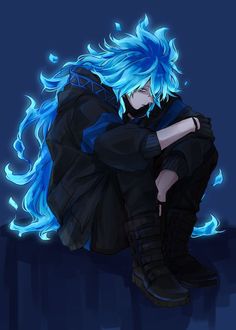 an anime character with blue hair sitting on the ground in front of a dark background