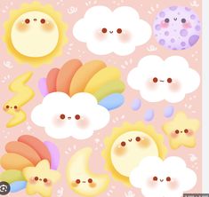 the sun, moon and clouds are all drawn in pastel colors on a pink background