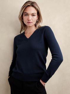 Forever Sweater | Banana Republic Factory Classic V-neck Sweater With Ribbed Cuffs, Classic Long Sleeve V-neck Sweater For Fall, Classic V-neck Top With Ribbed Cuffs, Classic Solid V-neck Long Sleeve Sweater, Solid V-neck Sweater With Ribbed Cuffs, Elegant V-neck Sweater With Ribbed Cuffs For Fall, Elegant Fall V-neck Sweater With Ribbed Cuffs, Classic Blue V-neck Sweater For Work, Classic Blue V-neck Sweater For Fall