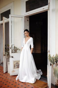 two pictures of a woman in white dress standing next to an open door