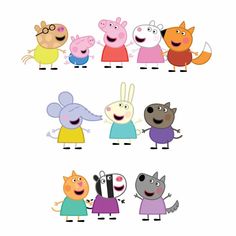 some cartoon characters are standing together in different colors and sizes, with one person holding the other