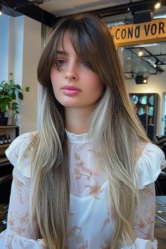 Woman with long, straight, light brown hair and soft curtain bangs Curtain Bangs, Bangs