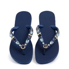 Summer flip-flop beach sandals are designed for women, ladies, and girls. Features light luxury rhinestones adorn the strap. Make the shoes more attractive, and the details are particularly charming which easily catch other's attention. The beautiful stones make the flat beach sandal even more stunning. This pair of crystal sandals can be worn with any dress you wear, beach sandals suit jeans, shorts, skirts, dresses, and other casual wear, which will be perfect for the beach, vacations, beach w Summer Flip Flops Beach, Blue Synthetic Summer Flip Flops, Casual Blue Non-slip Flip Flops, Summer Beach T-strap Flip Flops, Blue Slip-on Flip Flops For Beach, Low Heel Flats, Navy Flats, Flip Flops Beach, Easy Fashion