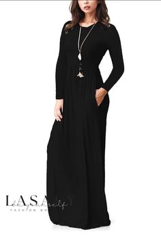 Lasaky - Elegant Long-Sleeved Belted Maxi Dress Casual Long Sleeve Plain Dress, Plain Long Sleeve Casual Dress, Casual Plain Long Sleeve Dress, Casual Long Sleeve Solid Color Maxi Dress, Long Sleeve Plain Midi Dress For Fall, Casual Black Long Sleeve Maxi Dress, Plain Long Sleeve Midi Dress For Fall, Plain Long Sleeve Maxi Dress For Fall, Black Long Sleeve Plain Dress