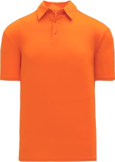 an orange polo shirt with short sleeves and buttons on the collar, in front of a white background