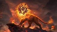 a lion standing on top of a rock covered in fire