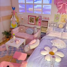 a doll house bedroom with pink furniture and decorations on the walls, windows, and floor