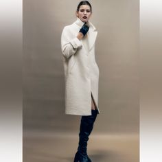 New Belted Cuffs Coat Ecru Classic White Wool Coat For Spring, Chic White Wool Coat For Winter, Modern Cream Outerwear For Spring, Modern Cream Outerwear For Work, White Wool Coat For Spring Workwear, Chic Long-sleeve Wool Coat In Winter White, White Long Wool Coat For Spring, Zara Cream Lapel Collar Outerwear, Zara Cream Outerwear With Lapel Collar