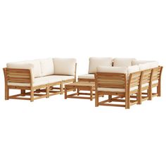 a set of four wooden chairs and two couches with white cushions on each side