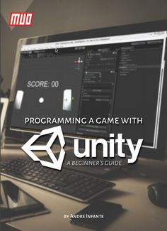 a computer monitor sitting on top of a desk with the words programming a game with unity