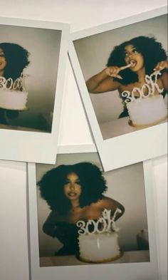 three polaroid photos of a woman holding a cake