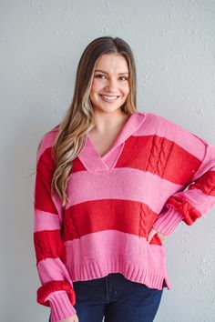 Indulge in luxurious comfort with our Sweet Love Sweater. Crafted with a v-neck, striped design, and a flat collar, this sweater is both chic and cozy. Perfect for any occasion, its drop shoulder and long sleeve features add a touch of sophistication to your wardrobe. Treat yourself to the ultimate level of elegance with our Sweet Love Sweater. Material: 60% cotton, 40% acrylic Care: hand wash cold, do not bleach, hang dry. Available in both the Fort Wayne and North Manchester boutique locations Striped V-neck Sweater For Fall, Striped V-neck Sweater For Winter, Striped V-neck Winter Sweater, Casual Striped V-neck Sweater With Long Sleeves, Casual Striped Long Sleeve V-neck Sweater, Fall Striped V-neck Sweater, Winter Striped V-neck Sweater With Long Sleeves, Striped Long Sleeve V-neck Sweater For Winter, Winter Striped V-neck Long Sleeve Sweater