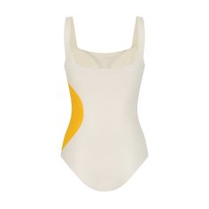 Modern Padded one-piece swimsuit featuring a minimalist design with a bold yellow geometric accent. The fabric is smooth, stretchy, and designed to provide a comfortable fit while maintaining a chic, contemporary look. Paired with our Zest Set. Lycra Modern Summer Bodysuit, Modern Sleeveless Swimwear For Summer, Modern Sleeveless Summer Swimwear, Modern White Swimwear For Summer, Modern White Swimwear For Beach, Fitted Yellow Bodysuit For Sunbathing, Modern Seamless Swimwear For Summer, August Birthstone Jewelry, July Birthstone Jewelry