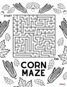 a corn maze with leaves and acorns surrounding it, the word corn maze