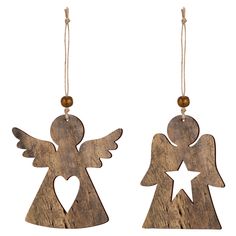 two wooden angel ornaments hanging from strings