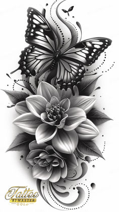 a black and white drawing of flowers with butterflies