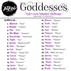 a list of goddesss for the 2013 inker challenge