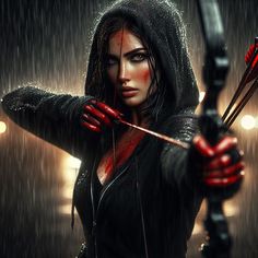 a woman holding an arrow in the rain