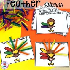 three pictures of different colored pencils with the words, feathers and patterns on them