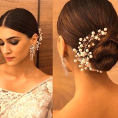 two pictures of the back of a woman's head with pearls in her hair